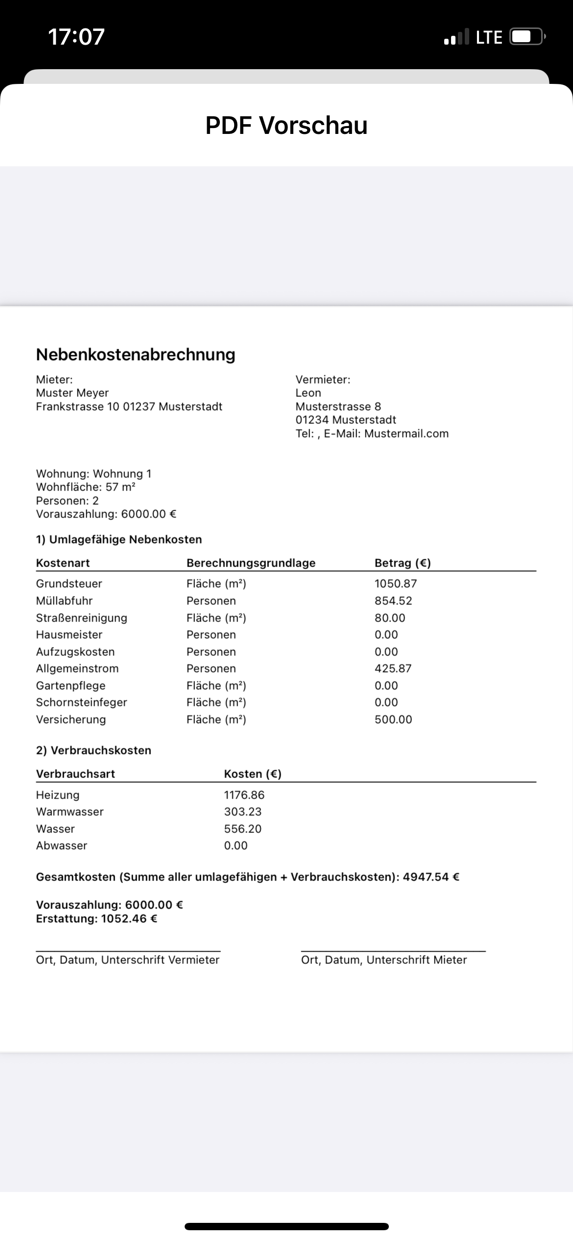 Mieto App Ansicht: PDF Vorschau